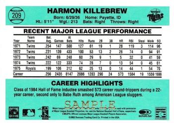 2002 Donruss Originals - Samples Gold #209 Harmon Killebrew Back