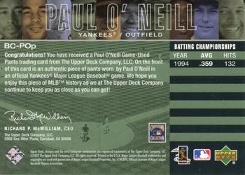 2002 Upper Deck Piece of History - Batting Champs Jersey #BC-PO Paul O'Neill  Back