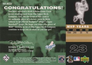 2002 Upper Deck Piece of History - MVP Club Jersey #M-KGI Kirk Gibson  Back