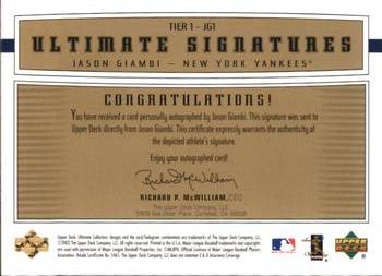 2002 Upper Deck Ultimate Collection - Signatures Tier 1 Gold #JG1 Jason Giambi  Back