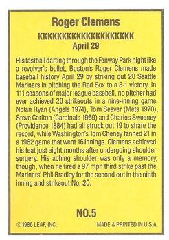 1986 Donruss Highlights #5 Roger Clemens Back