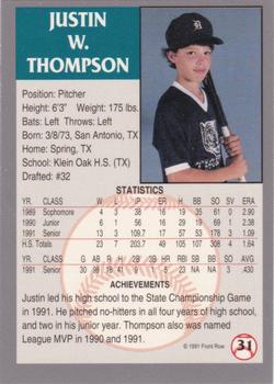 1991 Front Row Draft Picks - Silver #31 Justin Thompson Back