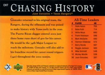 2002 Upper Deck - Chasing History #CH7 Juan Gonzalez  Back