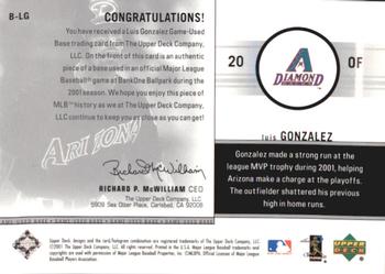 2002 Upper Deck - Game-Used Bases #B-LG Luis Gonzalez  Back