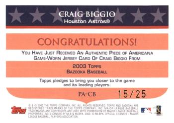 2003 Bazooka - Piece of Americana Relics Parallel 25 #PA-CB Craig Biggio Back