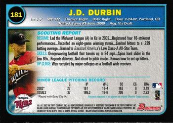2003 Bowman - Gold #181 J.D. Durbin Back