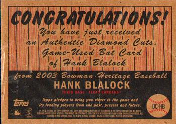 2003 Bowman Heritage - Diamond Cuts Relics #DC-HB Hank Blalock Back