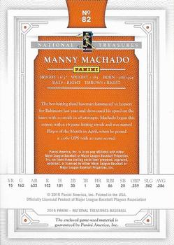 2016 Panini National Treasures - Prime Laundry Tags #82 Manny Machado Back