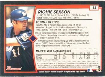 2001 Bowman #14 Richie Sexson Back
