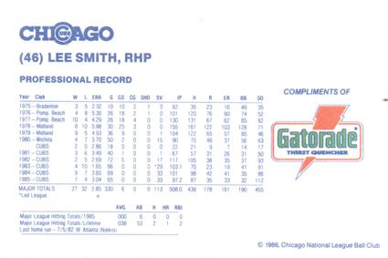 1986 Gatorade Chicago Cubs #NNO Lee Smith Back