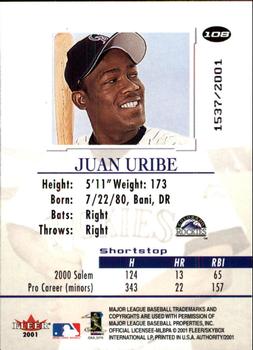 2001 Fleer Authority #108 Juan Uribe Back