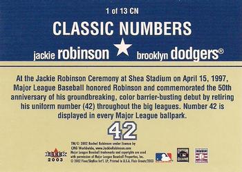 2003 Flair Greats - Classic Numbers #1CN Jackie Robinson Back