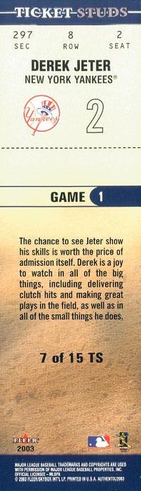 2003 Fleer Authentix - Ticket Studs #7TS Derek Jeter Back