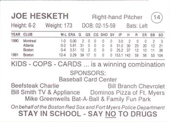1993 Fort Myers PAL Boston Red Sox #14 Joe Hesketh Back