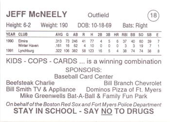 1993 Fort Myers PAL Boston Red Sox #18 Jeff McNeely Back