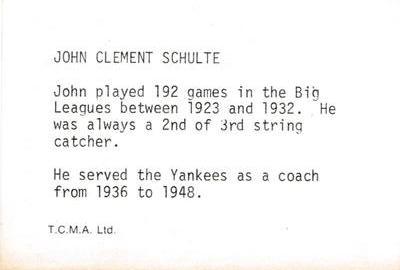 1974 TCMA 1936-1939 New York Yankee Dynasty #NNO Johnny Schulte Back