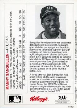 1991 Kellogg's Leyendas Hispanas del Beisbol (Spanish Legends of Baseball) #NNO Manny Sanguillen Back