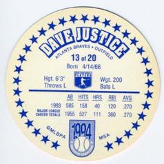 1994 Innovative Confections Discs #13 Dave Justice Back
