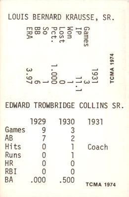 1974 TCMA 1929-1931 Philadelphia Athletics #NNO Eddie Collins / Lew Krausse Back