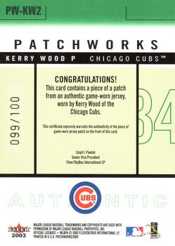2003 Fleer Patchworks - Game-Worn Patch Quality Control Replacements #PW-KW2 Kerry Wood Back