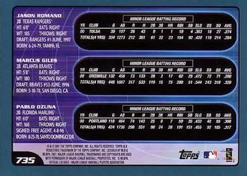 2001 Topps #735 Jason Romano / Marcus Giles / Pablo Ozuna Back