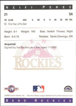 1993 Classic Best Bend Rockies #21 Neifi Perez Back