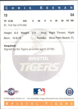 1993 Classic Best Bristol Tigers #13 Chris Keenan Back