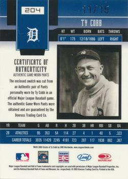 2003 Leaf Certified Materials - Mirror Red Materials #204 Ty Cobb Back