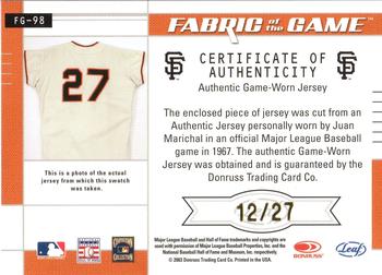 2003 Leaf Certified Materials - Fabric of the Game Jersey Number #FG-98 Juan Marichal Back