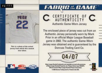 2003 Leaf Certified Materials - Fabric of the Game Debut Year Autographs #FG-111 Mark Prior Back