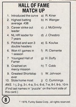 1976 Funky Sales Corp Funky Facts Baseball #8 Hall of Fame Back