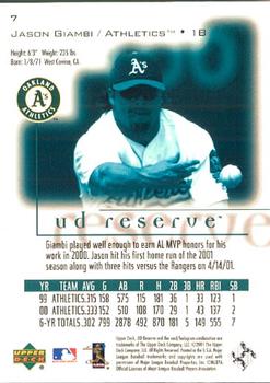 2001 UD Reserve #7 Jason Giambi Back