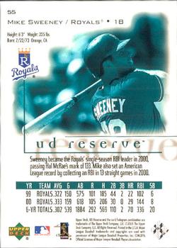 2001 UD Reserve #55 Mike Sweeney Back
