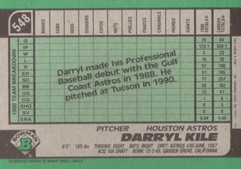 1991 Bowman #548 Darryl Kile Back