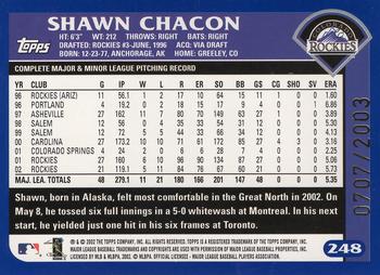 2003 Topps - Gold #248 Shawn Chacon Back