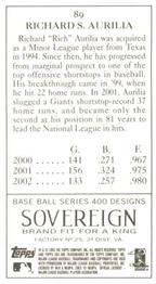 2003 Topps 205 - Sovereign #89 Rich Aurilia Back