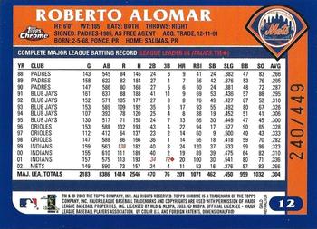 2003 Topps Chrome - Gold Refractors #12 Roberto Alomar Back