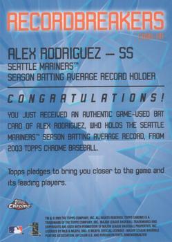 2003 Topps Chrome - Record Breakers Relics Refractors #CRBR-AR Alex Rodriguez Back