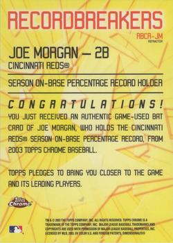 2003 Topps Chrome - Record Breakers Relics Refractors #CRBR-JM Joe Morgan Back