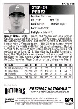 2015 Choice Potomac Nationals #16 Stephen Perez Back