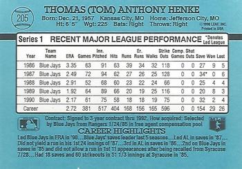 1991 Donruss #205 Tom Henke Back