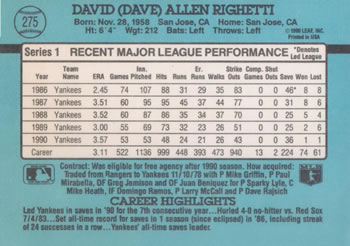 1991 Donruss #275 Dave Righetti Back