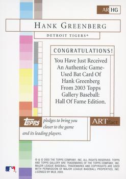 2003 Topps Gallery Hall of Fame - Artifact Relics #ARHG Hank Greenberg Back