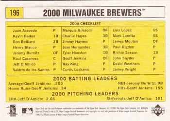 2001 Upper Deck Vintage #196 Milwaukee Brewers Back