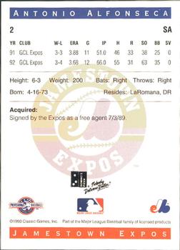 1993 Classic Best Jamestown Expos #2 Antonio Alfonseca Back