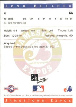 1993 Classic Best Jamestown Expos #4 Josh Bullock Back