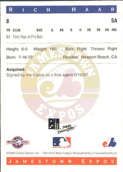 1993 Classic Best Jamestown Expos #8 Rich Haar Back