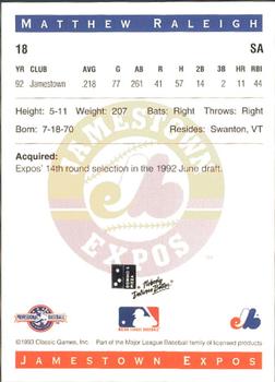 1993 Classic Best Jamestown Expos #18 Matthew Raleigh Back