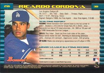 2002 Bowman #216 Ricardo Cordova Back