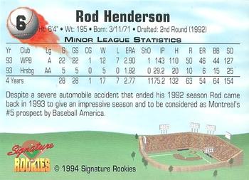 1994 Signature Rookies - Non Serial Numbered Signatures #6 Rod Henderson Back